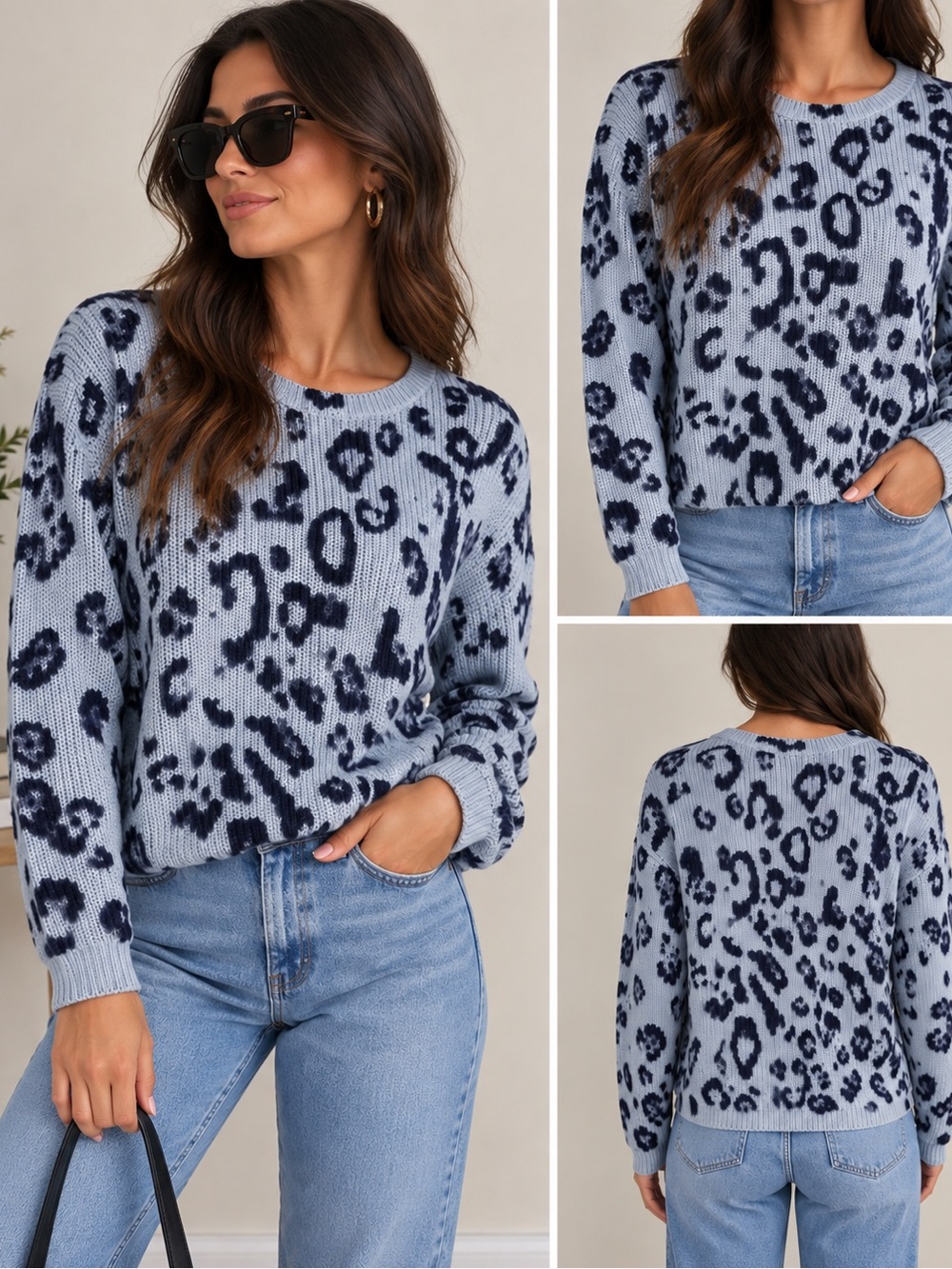 525 America Blue Leopard Print Knit Sweater | Size Small